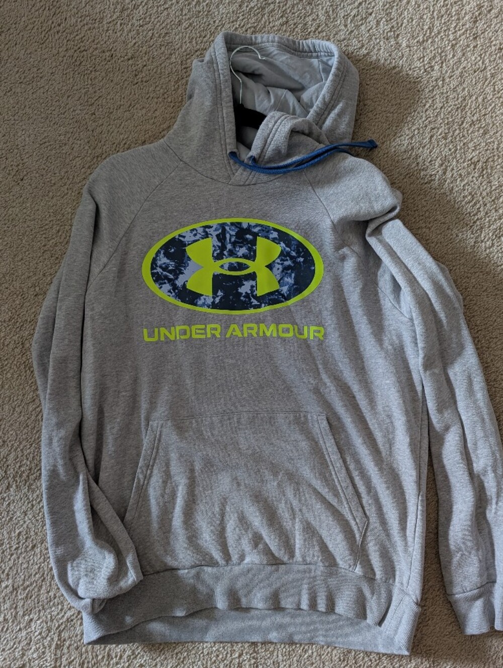 Under Armour Mens Gray Hoodie with Neon Green And Blue Camo Logo